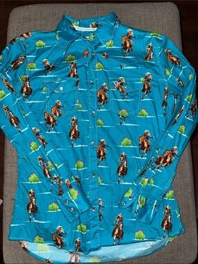 Cowgirl Hardware- Western Cowboy Print Button-Up Shirt in Bright Teal